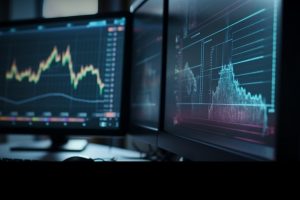 Glowing computer monitor displays financial figures for trading generated by artificial intelligence